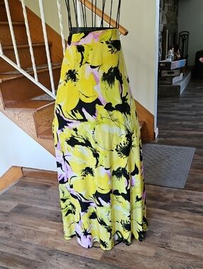 👗Vintage CATO Yellow Floral Maxi Dress with Pink & Black Accents